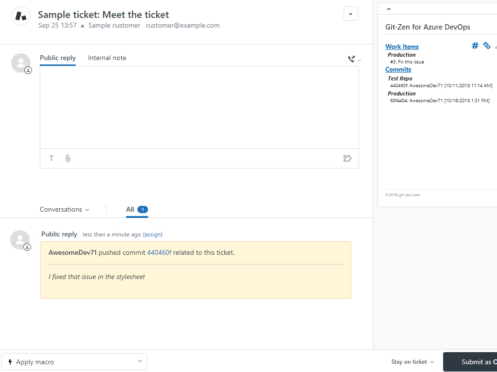 GitZen Lite for Azure DevOps App Integration with Zendesk Support